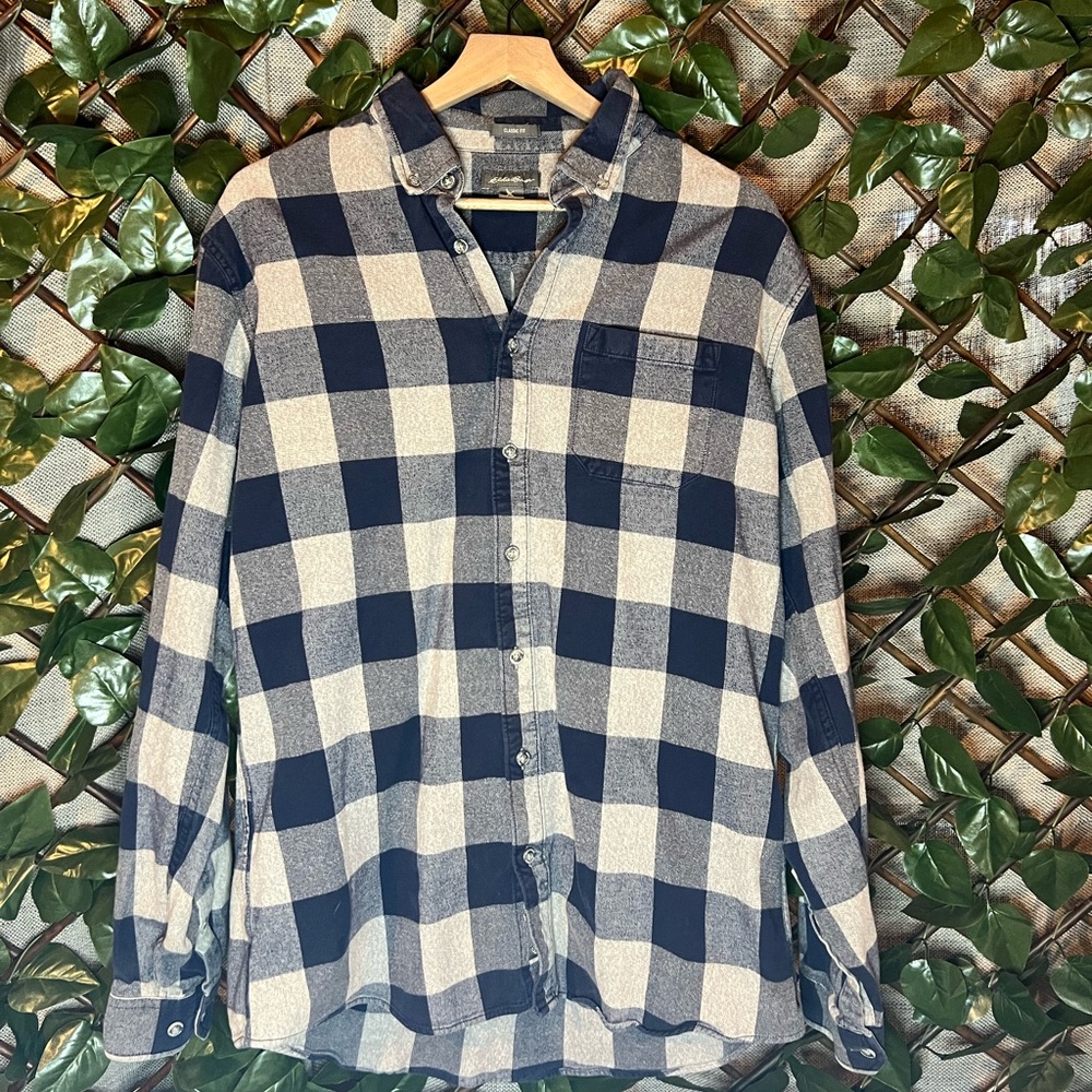Eddie Bauer Blue/Cream Heavy Plaid Button Up Long Sleeve